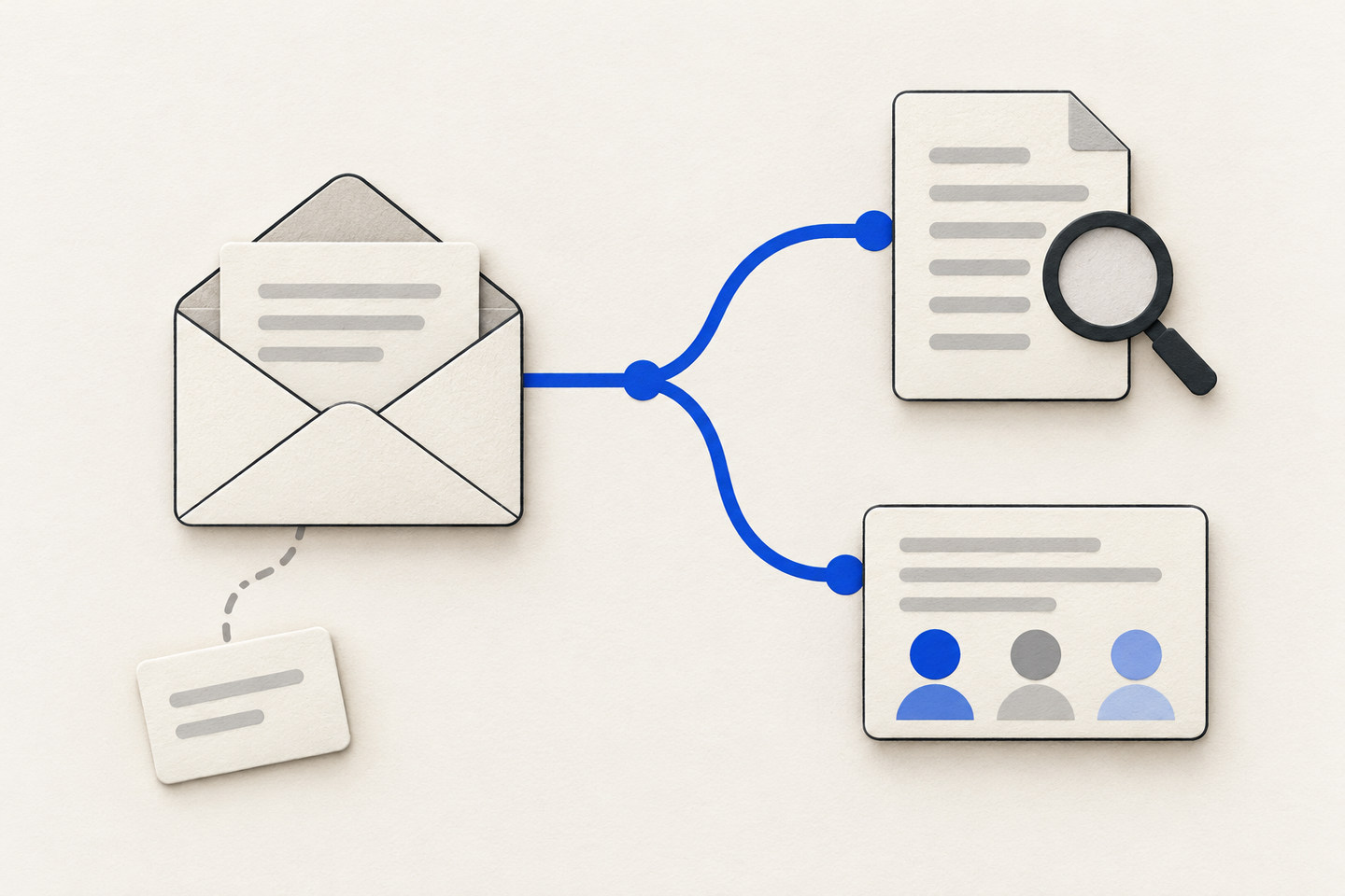 Editorial illustration of a branching workflow linking email, a document and meeting notes